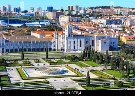 Lissabon, Portugal Jeronimos Kloster Luftaufnahme Stockfoto