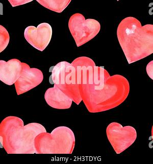 Nahtlose Muster von Aquarell Herzen auf Schwarz, Valentine drucken Stockfoto