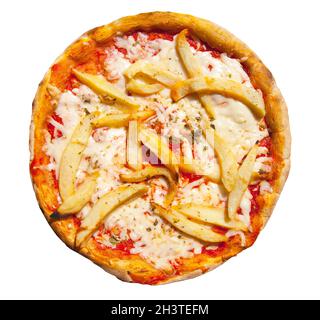 Pizza mit pommes frites isoliert auf weiß. Stockfoto