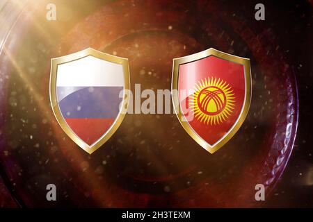 Russland und kirgisistan Flagge in goldenem Schild auf kupferfarbenem Hintergrund.3d-Illustration. Stockfoto