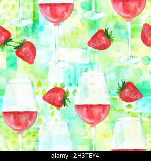 Nahtloses Muster mit Rosenwein und Erdbeeren, Aquarell, Wiederholungsdruck auf blaugrün Stockfoto