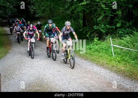 Mountainbike-Rennfahrer in der National Points Series in Newcastleton, Scottish Borders, Schottland, Großbritannien, Europa. Stockfoto