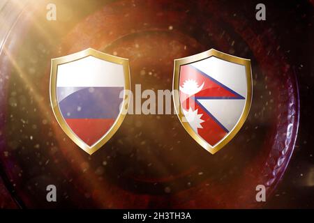 Russland und nepal Flagge in goldenem Schild auf kupferfarbenem Hintergrund.3d Illustration. Stockfoto