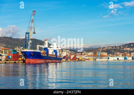 Internationaler Hafen im Golf von La Spezia mit einem festfahrenden Containerschiff und Kränen. Ligurien, Italien, Europa. Stockfoto