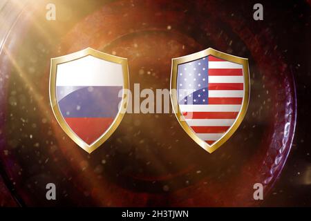 Russland und uns Flagge in goldenem Schild auf kupferfarbenem Hintergrund.3d-Illustration. Stockfoto