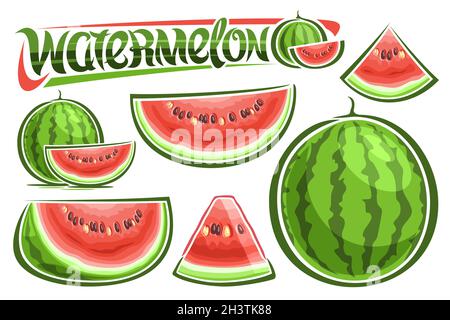 Vektor-Wassermelonen-Set, Lot Sammlung von ausgeschnittenen Illustrationen Frucht Stillleben Komposition, Cartoon-Design geschnitten natürlichen Wassermelonen, einzigartige Bürste Stock Vektor