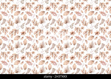 Aquarell-Boho-Nahtloses Muster - handbemalte tropische Blüten aus weißer Orchidee, Palmblättern und Ästen von Pampas. Romantisches Blumenset perfekt für Stockfoto