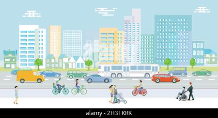 Straßen mit Autos, Fußgänger und Häuser Illustration Stock Vektor