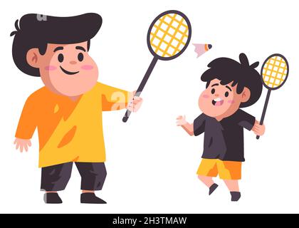 Vater und sein Sohn hält Schläger, um Badminton zusammen Cartoon flache Farbe isoliert Hintergrund Vektor Illustration spielen Stock Vektor