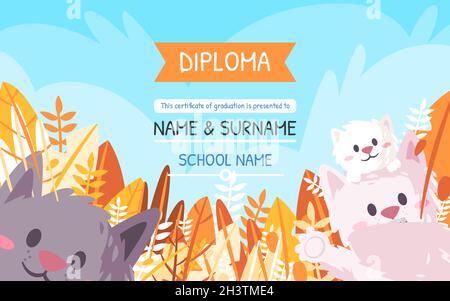 Zertifikat kindargarteen Abschluss Vorlage Spaß Design Schule Namen in blauem Hintergrund isoliert Vektor Illustration Stock Vektor
