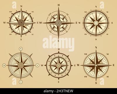 Der Wind stieg. Nautische marine Reisesymbole für alte Ozeannavigationskarte Vektor Retro-Symbole Stock Vektor