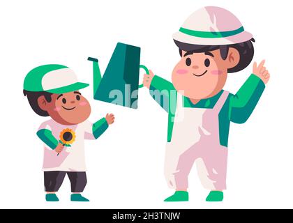 Gartenarbeit zusammen mit Familie Vater hält Wasserkocher für Wasserpflanzen und sein Sohn hält gelbe Sonnenblume Hintergrund Vektor-Illustration Stock Vektor