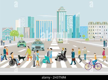 City Silhouette mit Straßenverkehr und Fußgängern auf dem Zebrastreifen, Illustration Stock Vektor