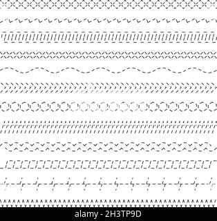 Nähen von Stichen. Stickerei Stoff Linien Schneiden Formen Ornament Vektor nahtlose Sammlung Stock Vektor