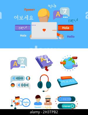 Symbole übersetzen. Nationalitäten Alphabet globale Übersetzung für zweisprachige fremdsprachige App Service Grafik Vektor Konzept Bilder Stock Vektor