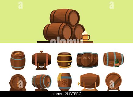 Fässer. Hölzerne Cartoon Barrel für Alkohol Produktion Pakete für Wein ein Bier Vektor Piraten Symbole Stock Vektor