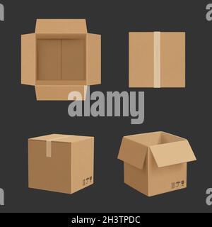 Karton. Papierkarton verschiedene Punktansichten Transport Paket realistische Vektor-Mockup Stock Vektor