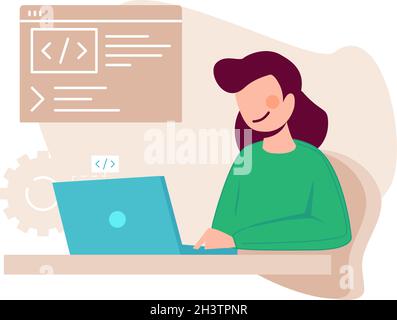 Programmistin. Frau, die Code schreibt, Content Manager. Junge Mädchen arbeiten auf Laptop Vektor Illustration Stock Vektor