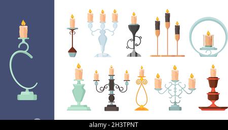Kerzenhalter. Brennendes Feuer auf Kerzenhalter vintage Metall Kerzenleuchter alten Dekoration Vektor Sammlung Stock Vektor