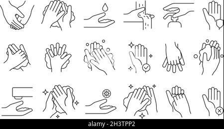 Waschen der Hand. Seife Pumpe Reinigung Hygiene Schritt Schaum Bad medizinische Symbole Vektor-Illustrationen Stock Vektor