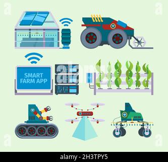 Intelligente Farm. Unbemannte Landwirtschaft Landwirtschaft Innovationen digitale Energie intelligente Industrie Vektor flache Bilder set Stock Vektor