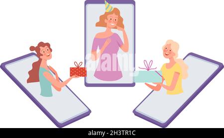 Online-Geburtstagsfeier. Mädchen gratulieren Freund, Internet-Kommunikation. Weiblich gibt Geschenke Vektor Illustration Stock Vektor