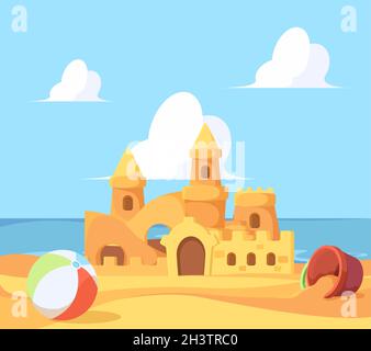 Sandcastle am Meer. Schöne Sommer Gebäude aus Sand in der Nähe von Meeresburgen und Festung Vektor Cartoon Hintergrund Stock Vektor