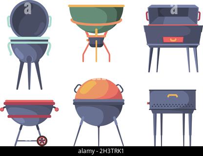 Grillständer. BBQ traditionelle Outdoor Picknick Party Artikel Vorbereitung heiße Steak Herd brennen Vektor-Illustrationen Stock Vektor