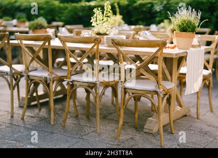 Hochzeitsessen Tischempfang. Alte Holzstühle in der Nähe eines großen schweren Holztisches mit einem Lappen Läufer und einem Topf mit blühenden l Stockfoto