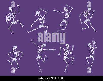 Skeleton dancing. Party funny characters dancers poses on halloween party skull bones vector set Stock Vektor
