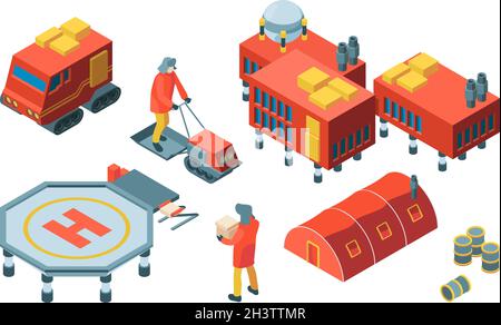 Arktische Isometrie. Nordpol Expedition Meteorologie Symbole Menschen Tiere Polarflagge Vektor Explorer Sammlung Stock Vektor