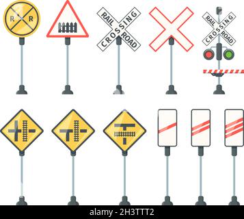 Bahnschilder. Zugbarrieren Ampelspezifische Symbole Straßenrichtung Pfeile und Banner Vektor flache Bilder Stock Vektor