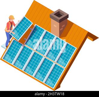 Installation von Solarmodulen. Arbeiter machen moderne eco suny-Panel auf Dach erneuerbare Stromsysteme Vektor isometrisches Konzept Stock Vektor