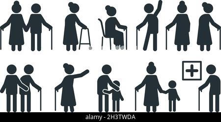 Symbole für ältere Menschen. Alte Personen stilisierten Piktogramm Senioren in verschiedenen Pose-Vektor-Set Stock Vektor