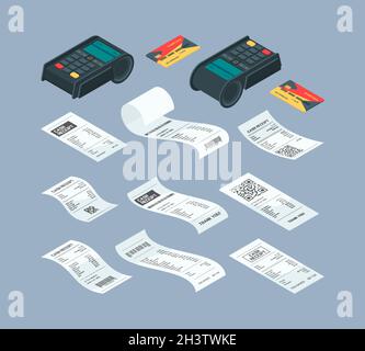 Zahlungsterminal isometrisch. Kaufabrechnung Finanzpapier Scheck und Kauf Maschine für nfc-Karte Zahlung Bank Kommunikation Vektor-Illustrationen Stock Vektor