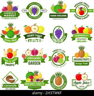 Obst-Logos. Dekoration Abzeichen mit gesunden Früchten frischen Bauernhof Öko Naturprodukte Markt Anzeigen Vektor-Symbole Stock Vektor