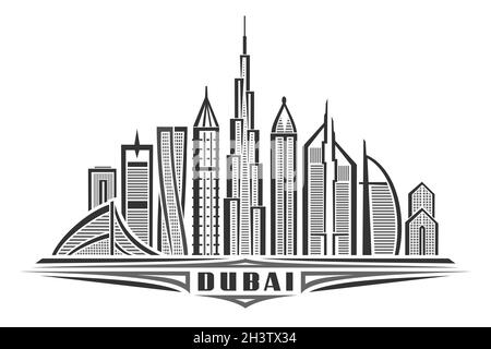 Vektor-Illustration von Dubai, monochromes horizontales Poster mit linearem Design berühmte dubai Stadtlandschaft, Urban Line Art Konzept mit einzigartigen dekorativen l Stock Vektor