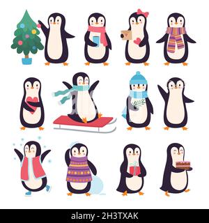 Pinguine. Lustige Winter Zeichen aktiv posieren kleine niedliche Pinguine in Schal und Kleidung Vektor Doodles Sammlung Stock Vektor