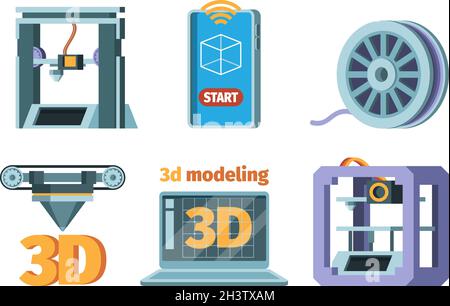 Symbol für 3d-Druck. Dimensionale Drucker Prototypen Zukunftstechnologie intelligente Drucktechnik Vektor flache Bilder Stock Vektor
