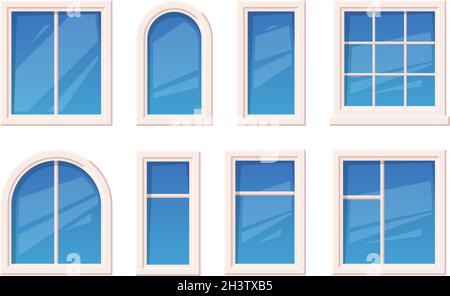 Fenster. Architektonisches Glas Objekt Fenster rame verschiedene Arten im Freien grellen Vektor gesetzt Stock Vektor