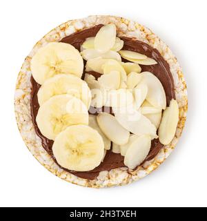 Reiskuchen mit Schokoladenpaste und Banane Stockfoto