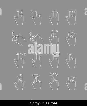 Touchscreen-Gesten. Handzeichen berühren mobile Geräte Multi Drop Scrolling Vektorlinien-Symbol Stock Vektor