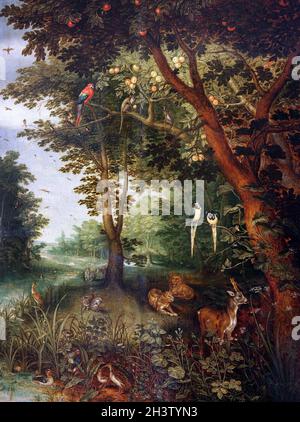 Das irdische Paradies (1620) von Jan Brueghel (auch Bruegel oder Breughel) dem jüngeren (1601–1678) flämischen Barockmaler.Sohn von Jan Brueghel dem Älteren,Enkel von Pieter Bruegel dem Älteren. Stockfoto