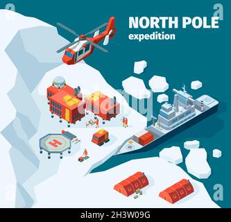 Meteorologische Nordstation. Polarer Nordpol Hintergrund Explorer Tourismus antarktis Gebäude Vektor isometrisch Stock Vektor