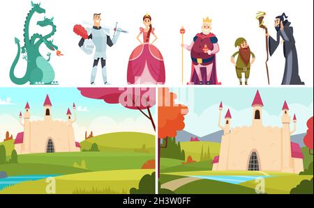 Buchhelden. Märchen Geschichten, Schloss Landschaften Drachen Prinz und Prinzessin. Vektorzeichen der königlichen Familie Stock Vektor
