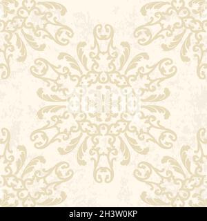 Eleganter beigefarbener Hintergrund in kreisförmigem Ornament und Grunge. Nahtloser Vintage-Druck mit Damast-Muster. Für Textilien, Tapeten, Fliesen oder Verpackungen. Stock Vektor