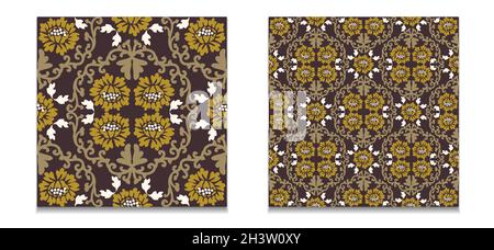 Set von antiken Vektor-Ornamenten. Eine Sammlung von Damast nahtlose Muster. Braun, Gold, Weiß. Für Textilien, Tapeten, Fliesen oder Verpackungen. Stock Vektor