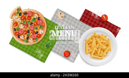 Italienisches Menü-Banner. Pizza Pasta auf Teller, Servietten und Tomaten. Realistische Lebensmittel, italien Restaurant oder Café Vektor Illustration Stock Vektor