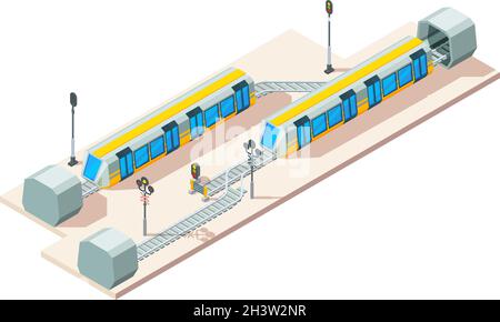 Eisenbahnknotenpunkt. Zug Eisenbahnen Geschäft Transport Unternehmen Vektor isometrisches Konzept Stock Vektor