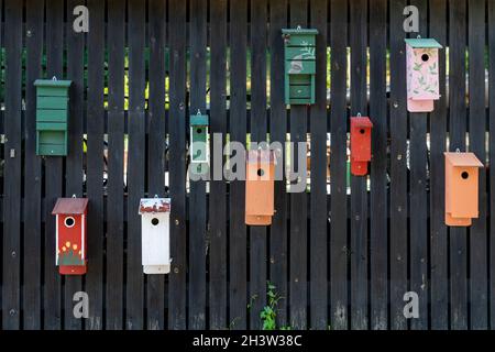Dunkler Holzzaun mit vielen bunten Vogelhäusern, die darauf montiert sind Stockfoto